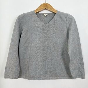 Talbots Light Grey Cotton‎ Cable Knit V-Neck Sweater Size Large Petites